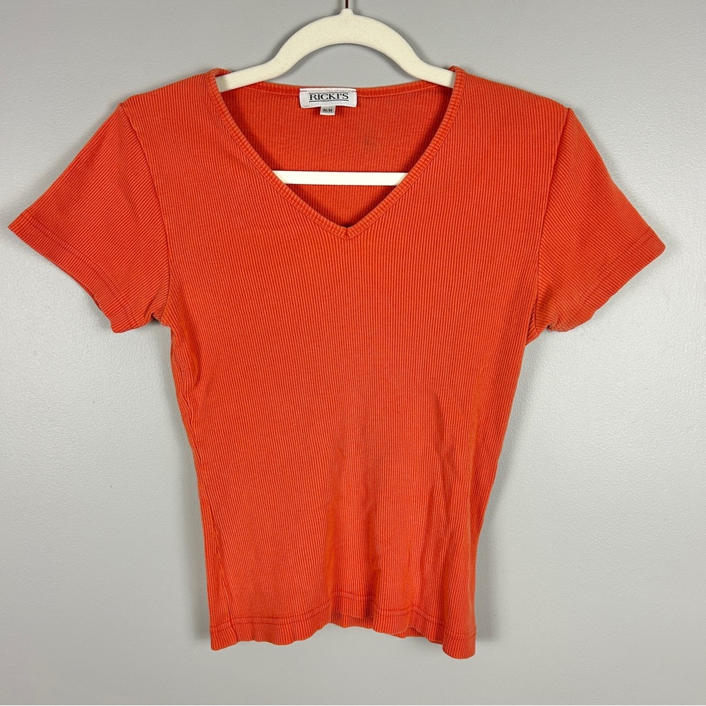 VINTAGE 90s Y2K Ribbed Baby Tee Cotton Orange Size Medium V-neck Grunge Casual